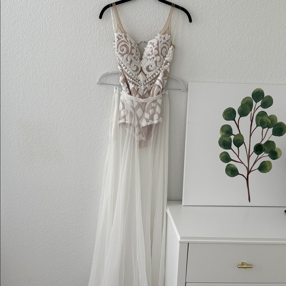 Cream embellished beaded bodysuit and sheer maxi skirt set 2 piece dress